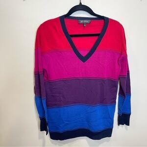 St. John Pink Purple Blue Striped Colorblock V-Neck Pullover Sweater Long Sleeve